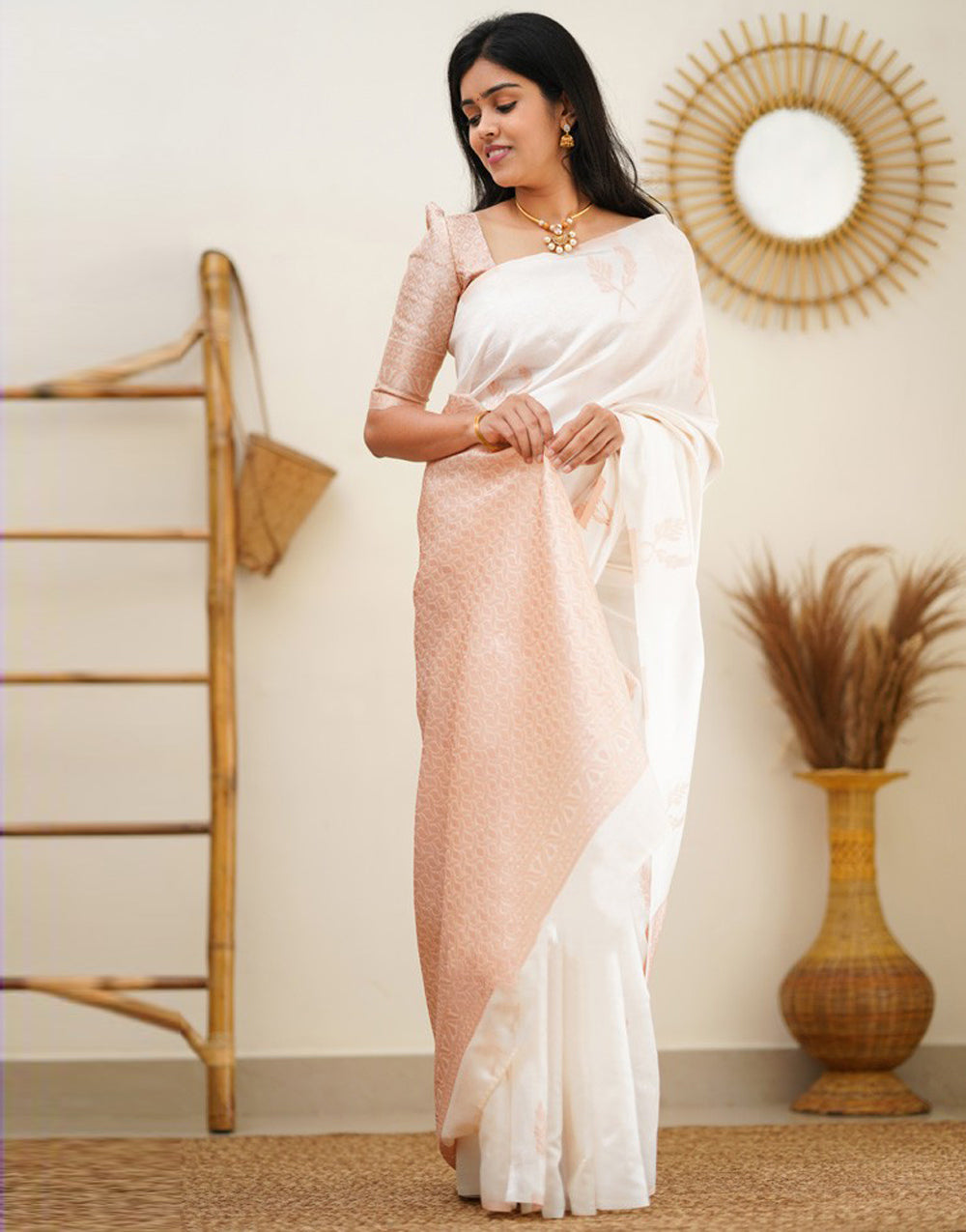 White Soft Silk With Jaquard Border &amp; Weaving Saree