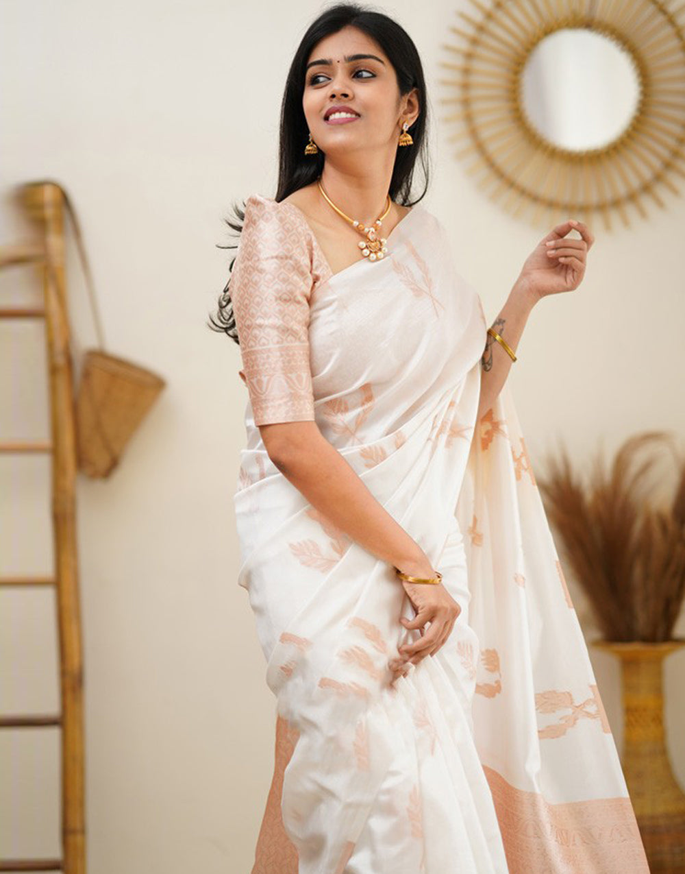 White Soft Silk With Jaquard Border &amp; Weaving Saree