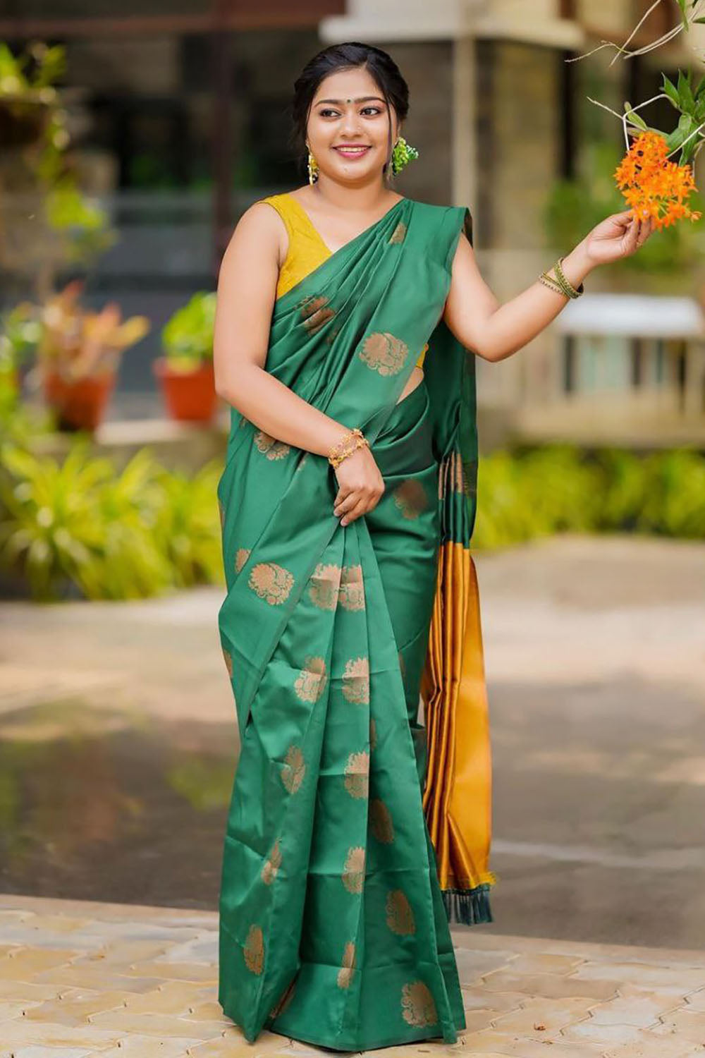 Rama Green Soft Lichi Silk Saree With Zari Weaving Work