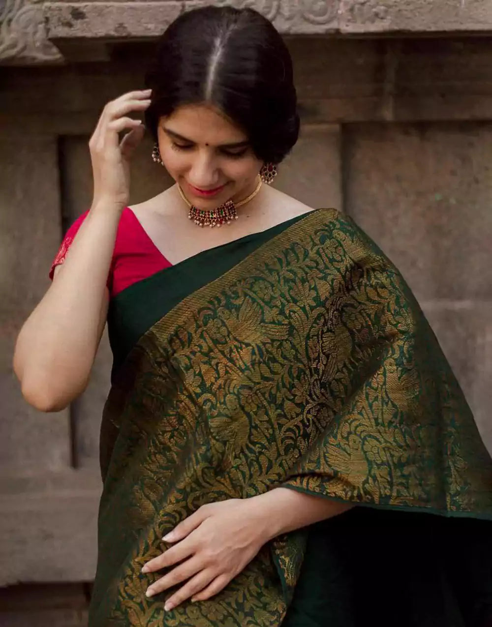 Green Color Soft Lichi Silk Zari Work Saree