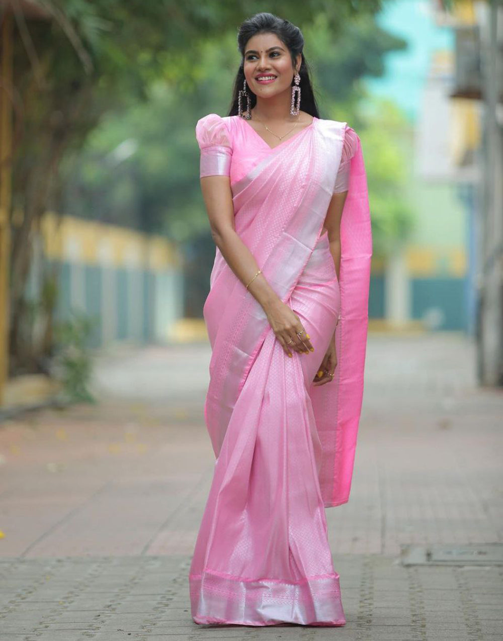 Baby Pink Silver Zari Designer Saree With Jaquard Border