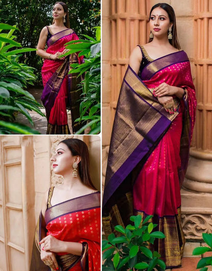 Pink Designer Soft Lichi Silk Saree With Zari Weaving Work