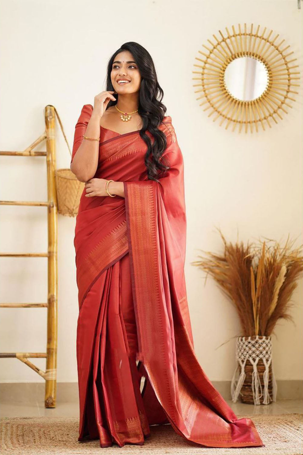 Red Soft Silk Saree With Zari Weaving Work