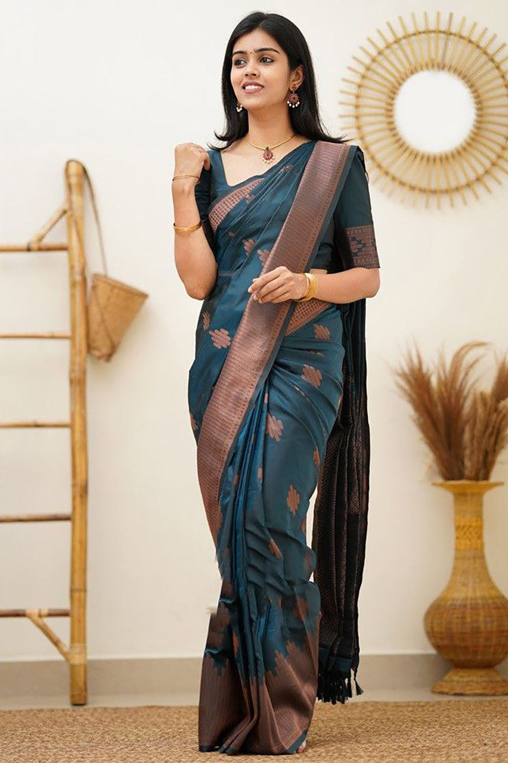 Teal Blue Banarasi Silk Saree With Zari Weaving Work