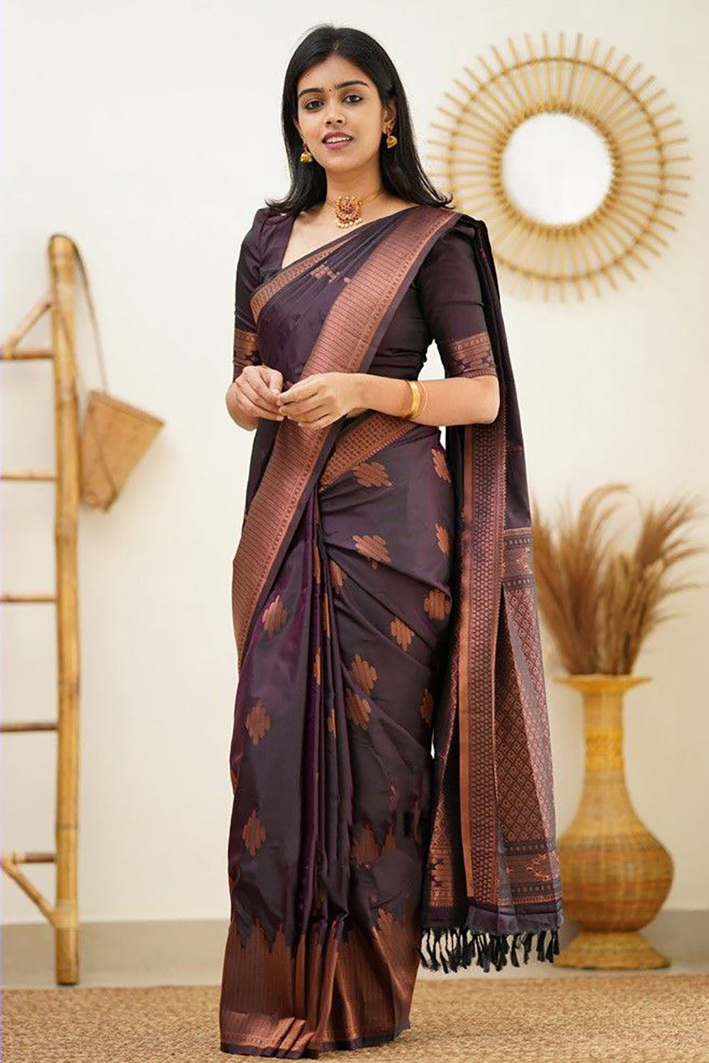 Wine Banarasi Silk Saree With Zari Weaving Work