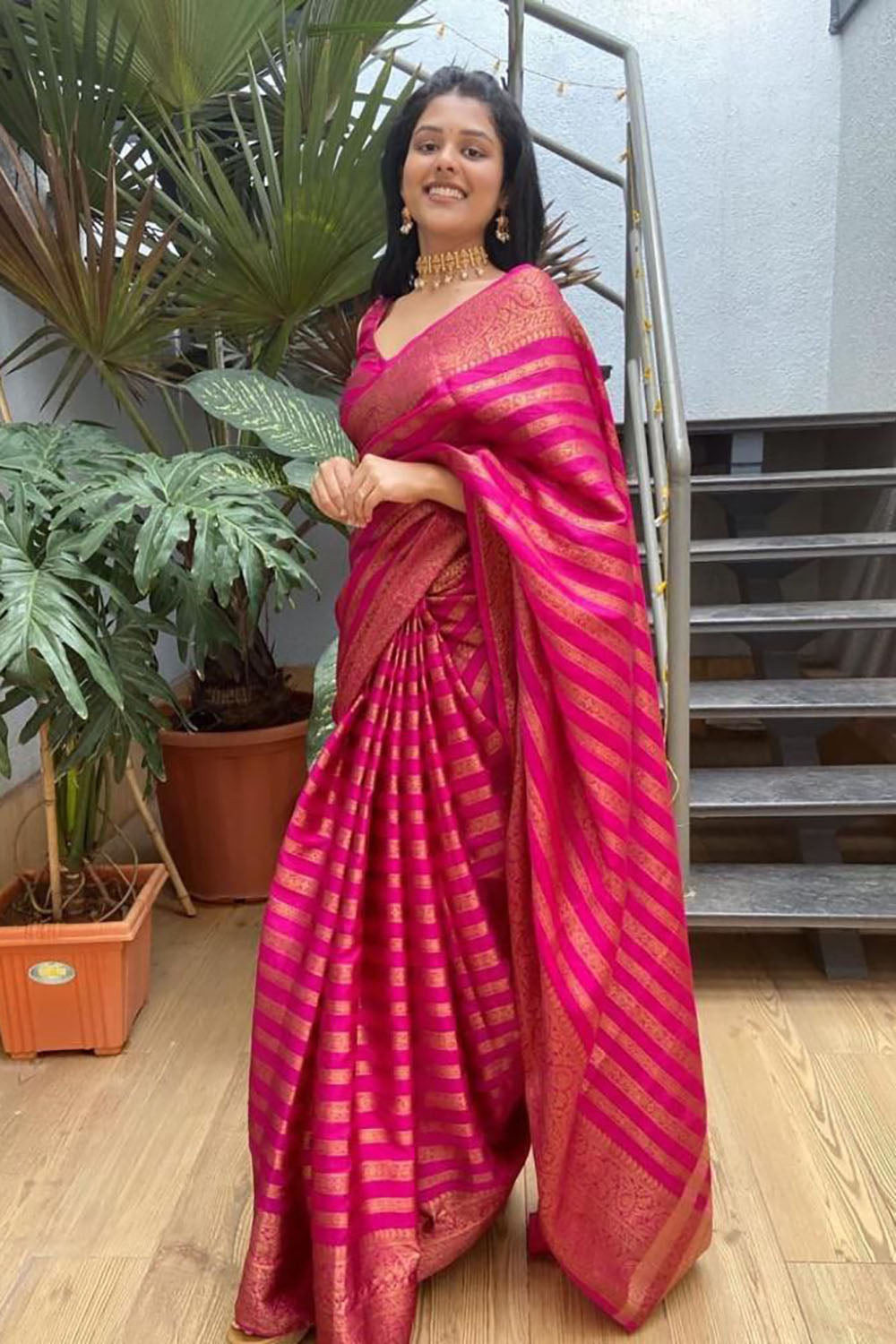 Pink Soft Silk Saree With Zari Weaving Work