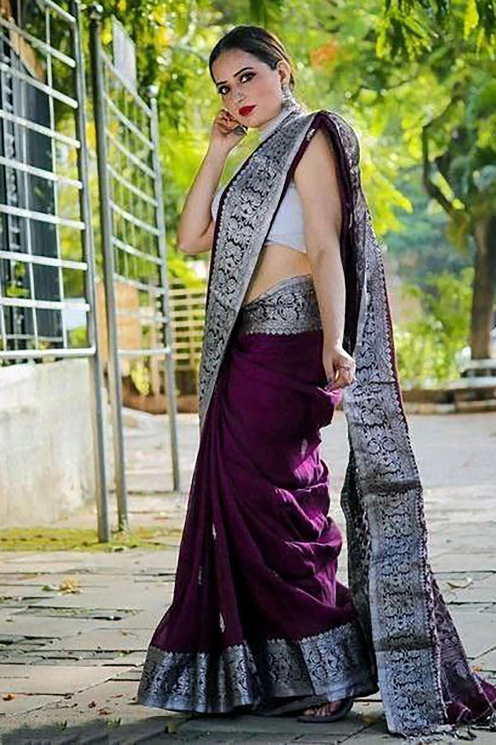 Burgundy Purple Banarasi Silk Saree With Zari Weaving Work