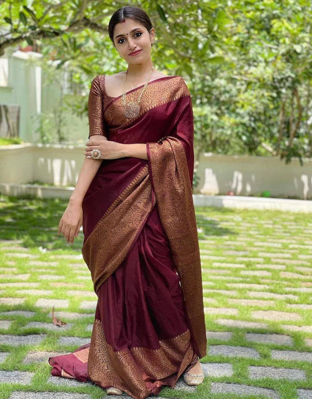 Maroon Soft Silk Saree With Weaving Work