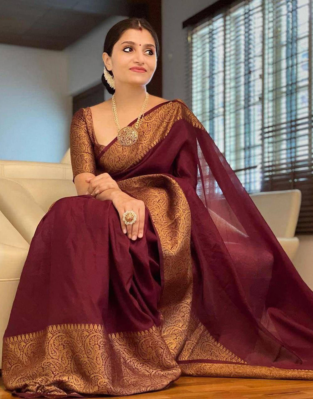 Maroon Soft Silk Saree With Weaving Work