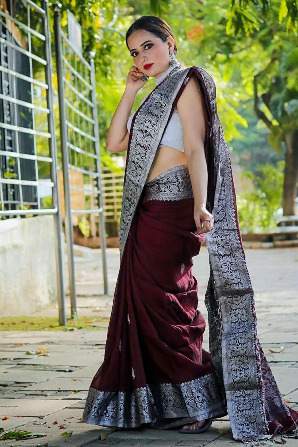 Dark Maroon Banarasi Silk Saree With Zari Weaving Work