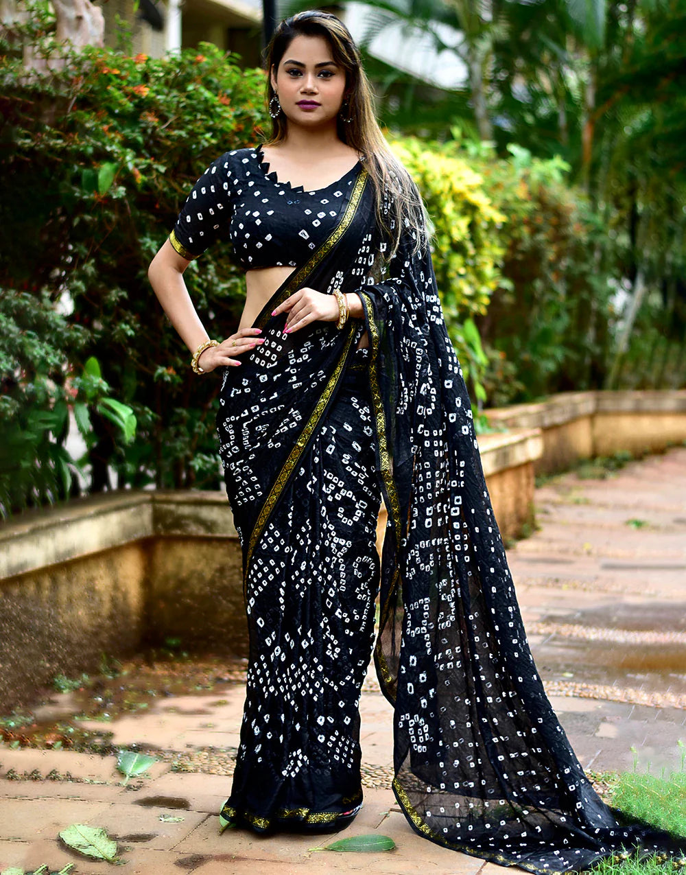 Black Hand Bandhej Bandhani Saree With Printed