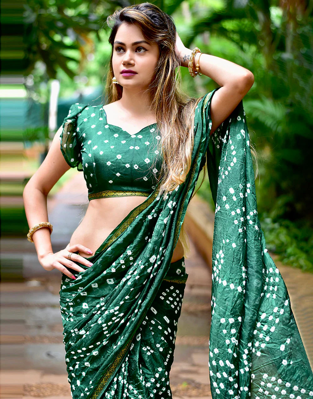 Green Hand Bandhej Bandhani Saree With Printed Work