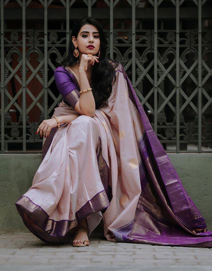 Creami Purple Kanjivaram Saree With Weaving Work