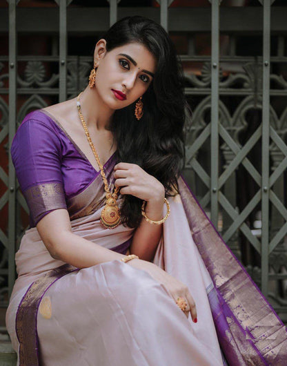 Creami Purple Kanjivaram Saree With Weaving Work