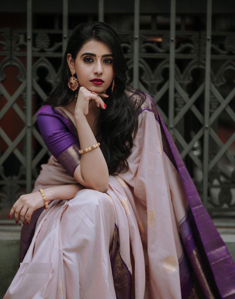 Creami Purple Kanjivaram Saree With Weaving Work