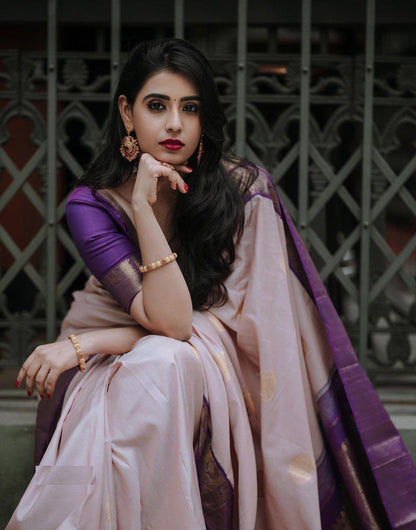 Creami Purple Kanjivaram Saree With Weaving Work