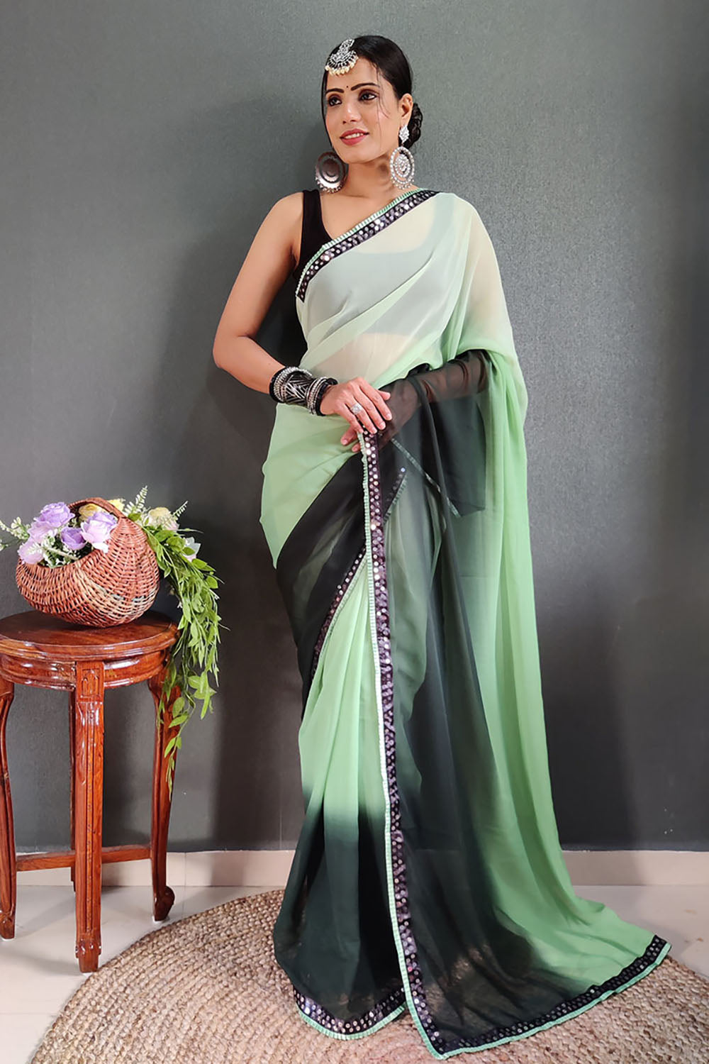 Green Georgette Ready To Wear Saree With Lace Border