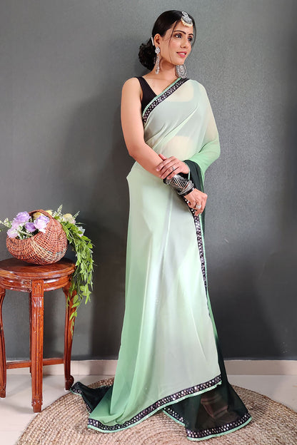 Green Georgette Ready To Wear Saree With Lace Border