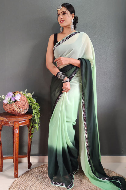 Green Georgette Ready To Wear Saree With Lace Border