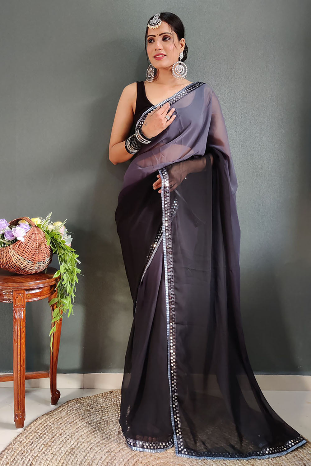 Gray &amp; Black Georgette Ready To Wear Saree With Lace Border