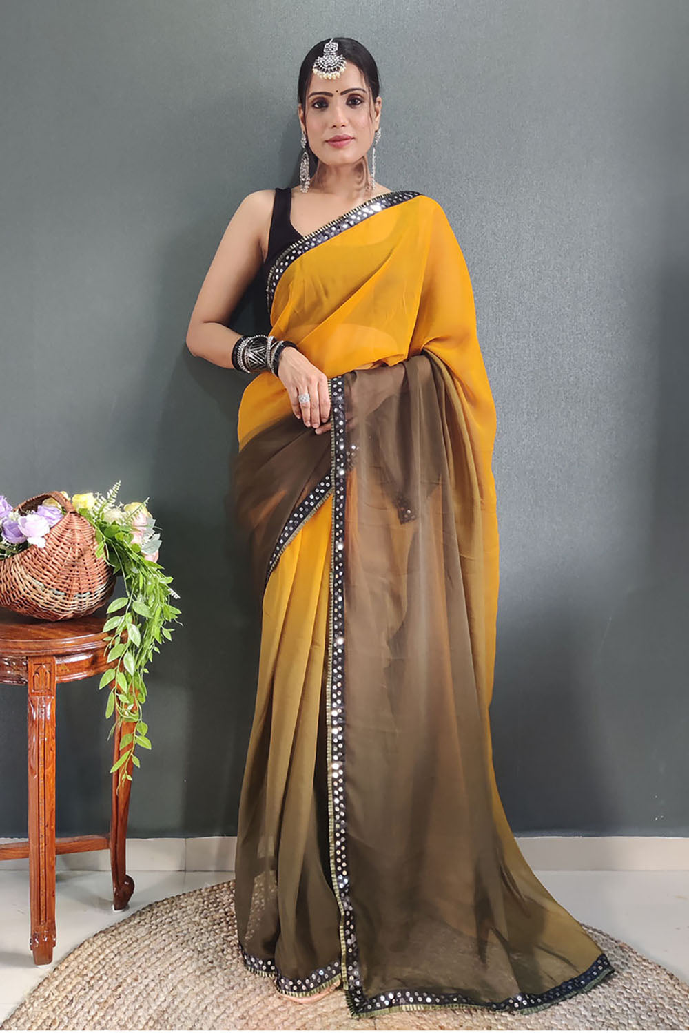 Mustard Yellow Georgette Ready To Wear Saree With Lace Border