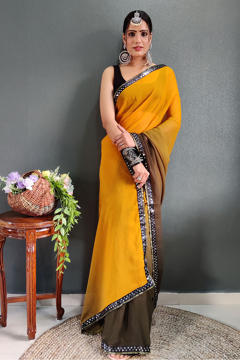 Mustard Yellow Georgette Ready To Wear Saree With Lace Border