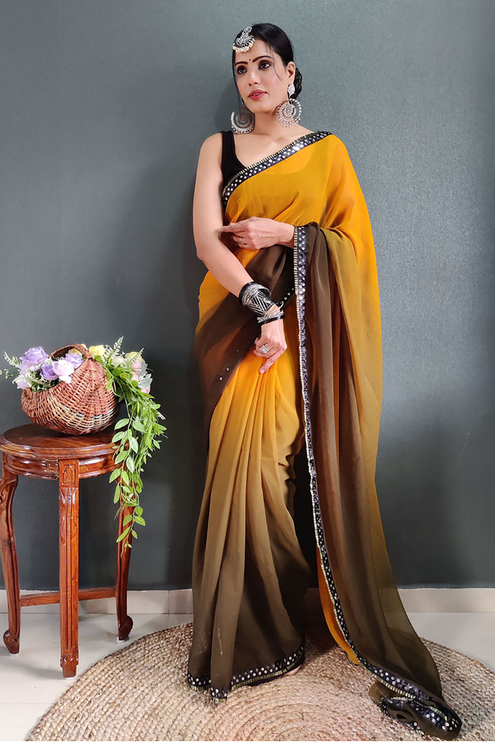 Mustard Yellow Georgette Ready To Wear Saree With Lace Border