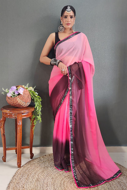 Pink Georgette Ready To Wear Saree With Lace Border