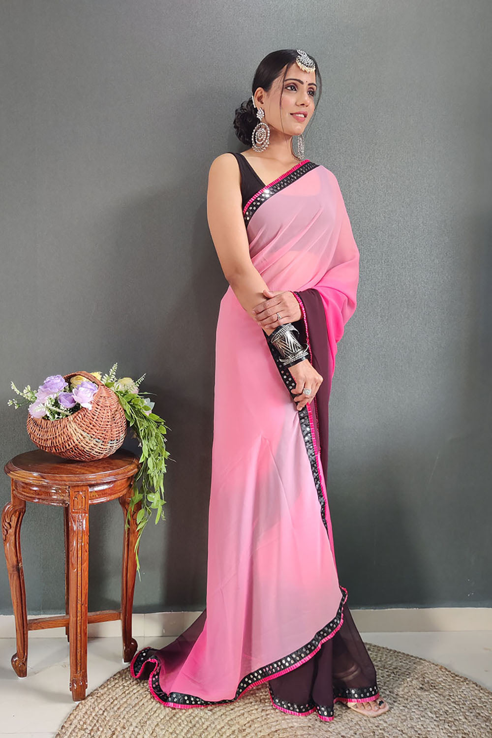 Pink Georgette Ready To Wear Saree With Lace Border