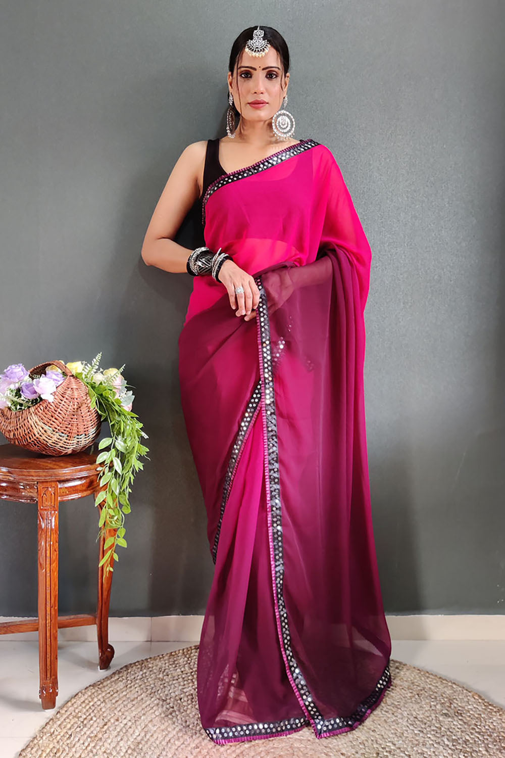 Rani Pink Georgette Ready To Wear Saree With Lace Border