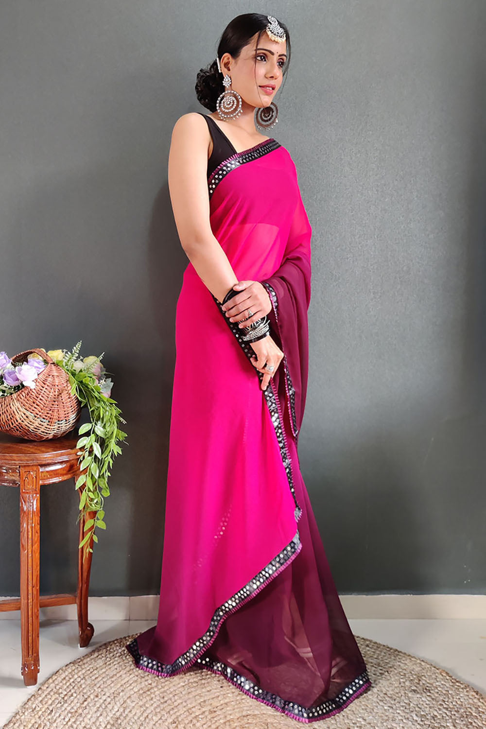 Rani Pink Georgette Ready To Wear Saree With Lace Border