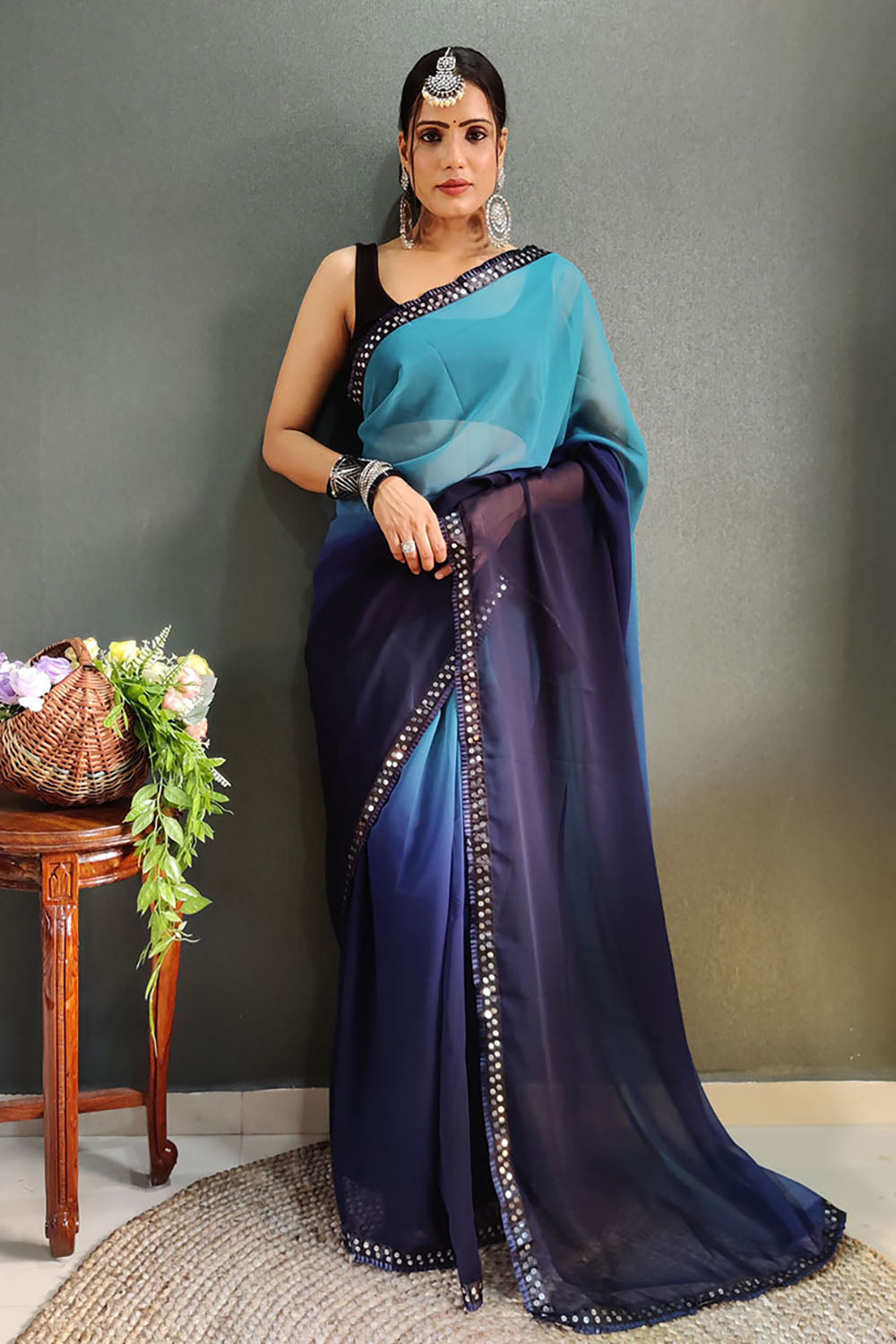 Blue Georgette Ready To Wear Saree With Lace Border