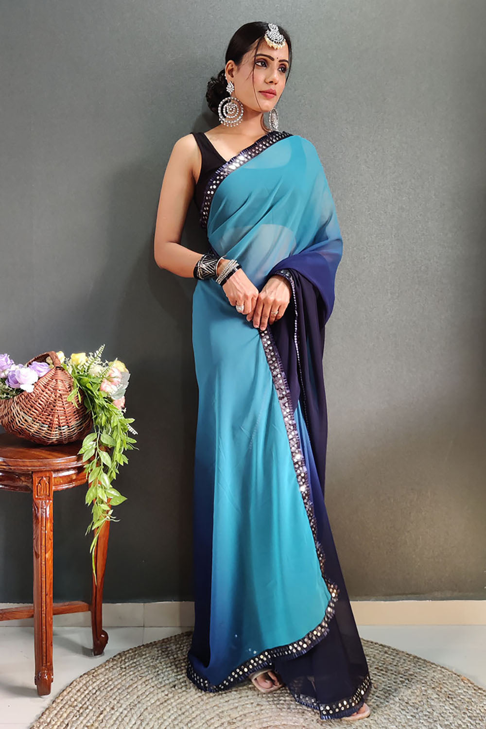 Blue Georgette Ready To Wear Saree With Lace Border