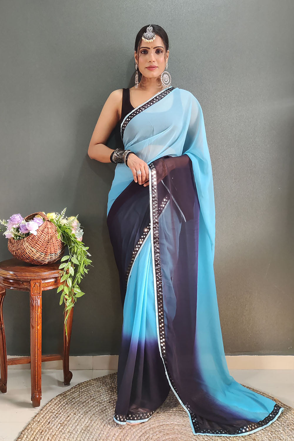 Sky Blue Georgette Ready To Wear Saree With Lace Border