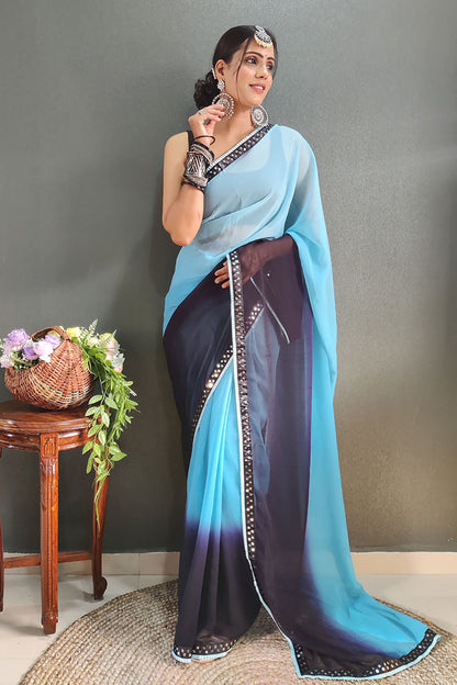 Sky Blue Georgette Ready To Wear Saree With Lace Border