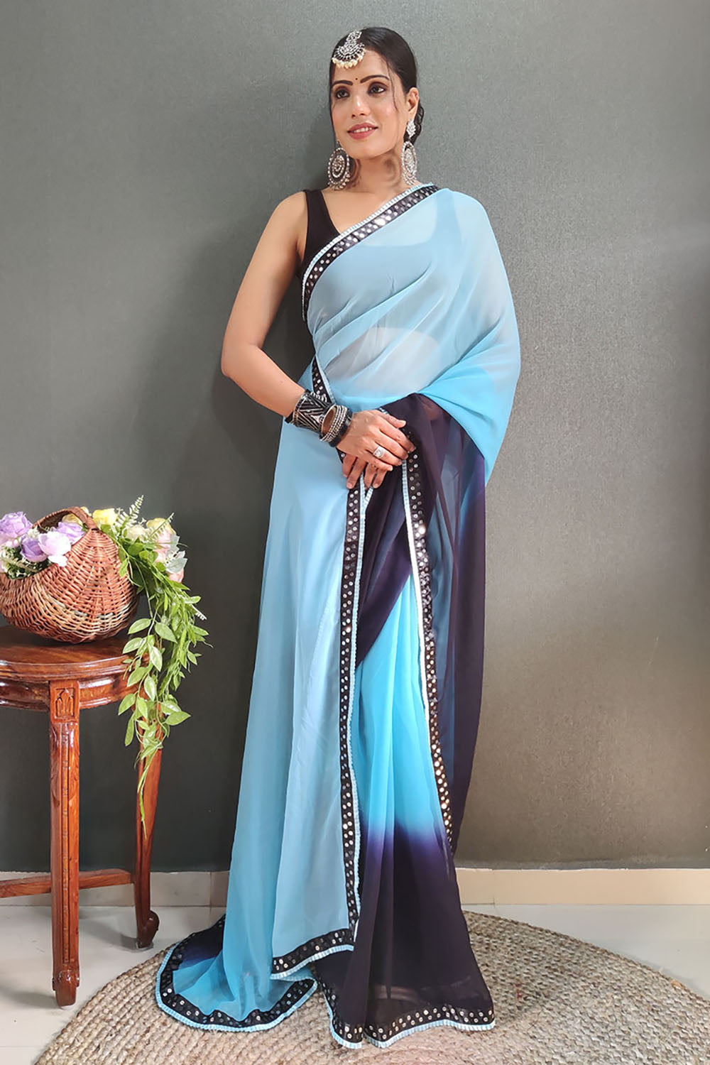 Sky Blue Georgette Ready To Wear Saree With Lace Border