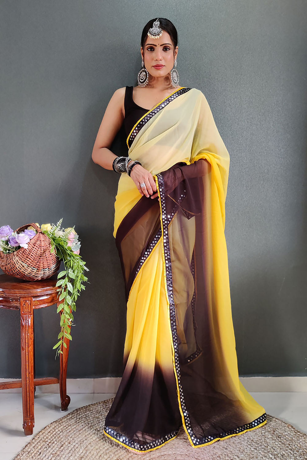 Yellow Georgette Ready To Wear Saree With Lace Border