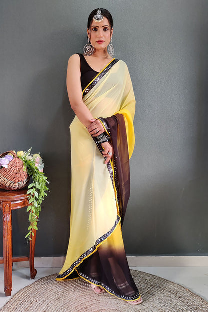 Yellow Georgette Ready To Wear Saree With Lace Border