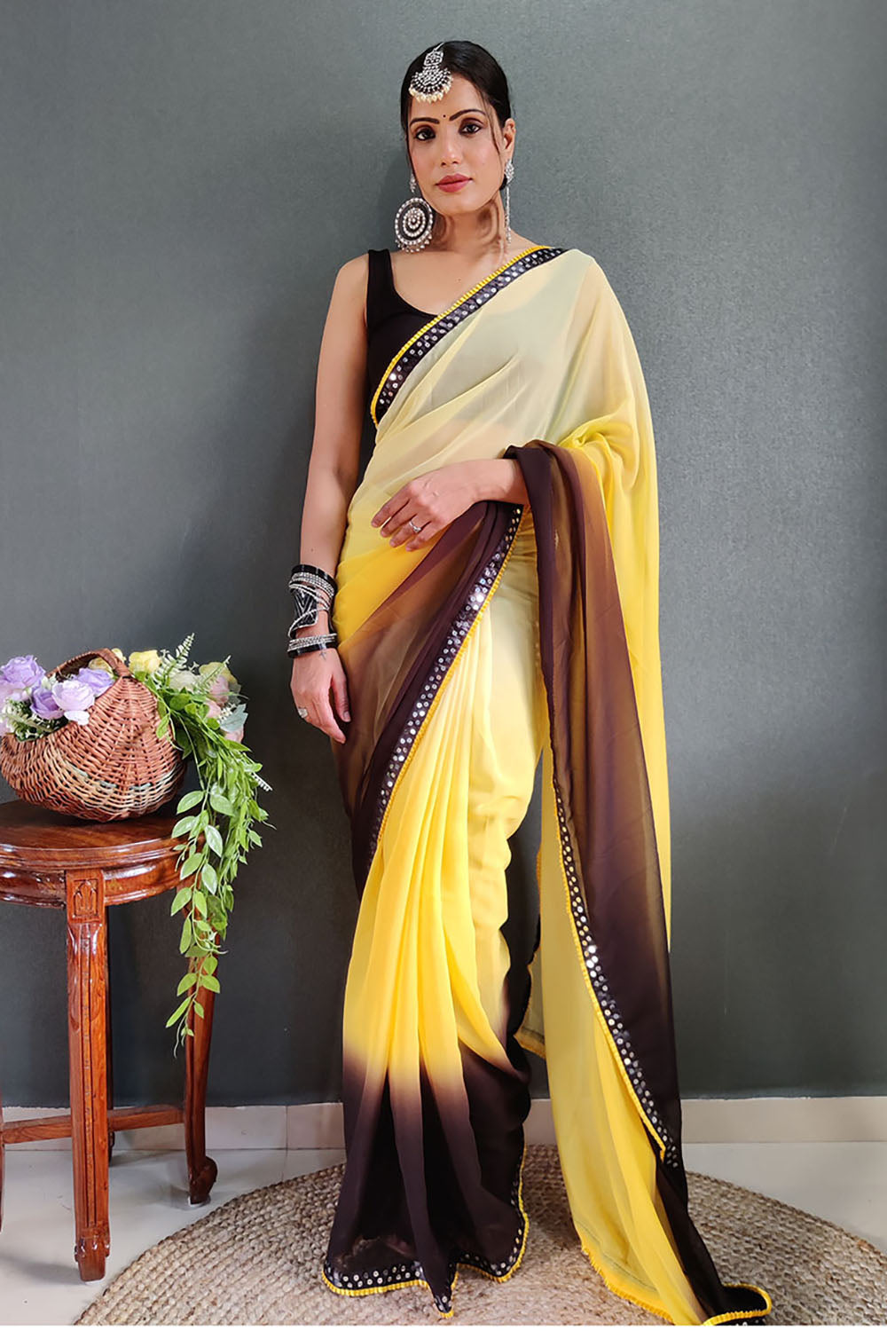 Yellow Georgette Ready To Wear Saree With Lace Border