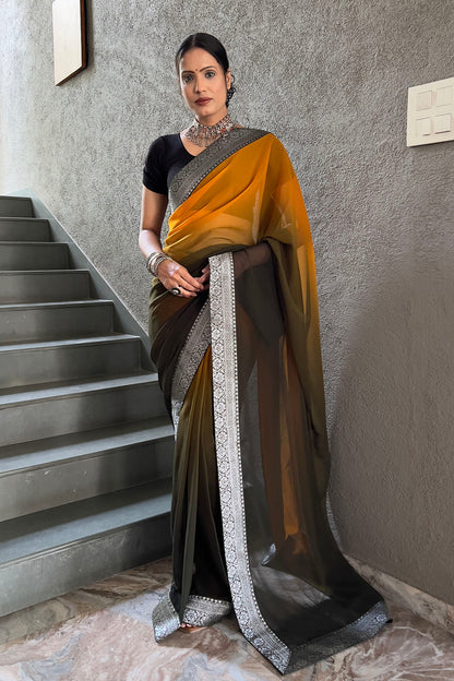 Musterd Yellow Georgette Saree With Zari Weaving Border