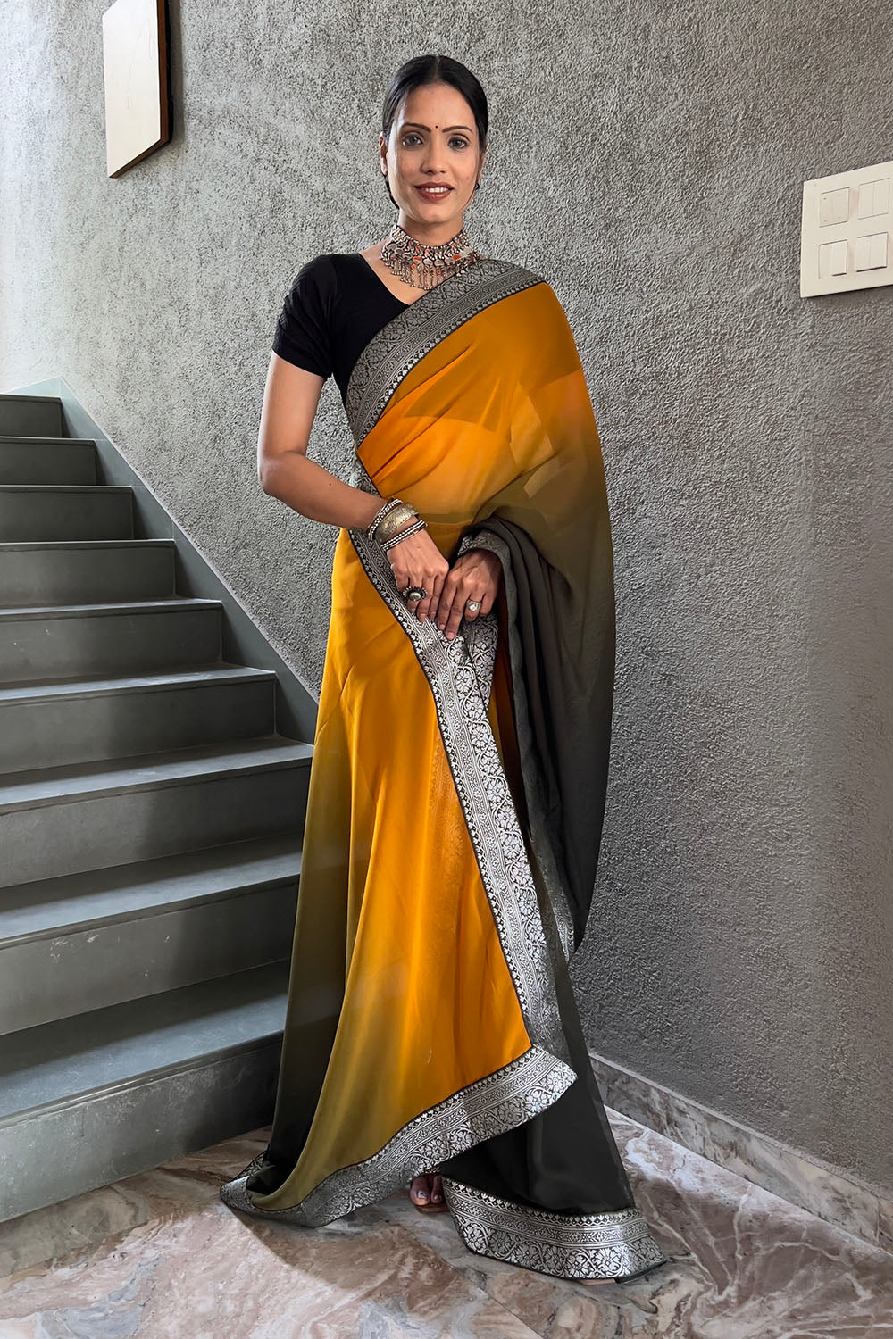 Musterd Yellow Georgette Saree With Zari Weaving Border