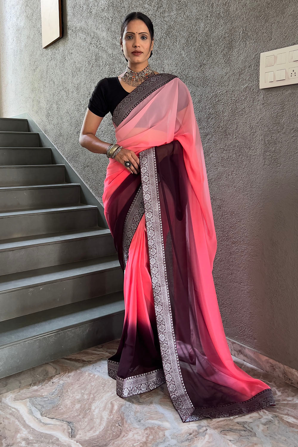 Pink Georgette Saree With Zari Weaving Border