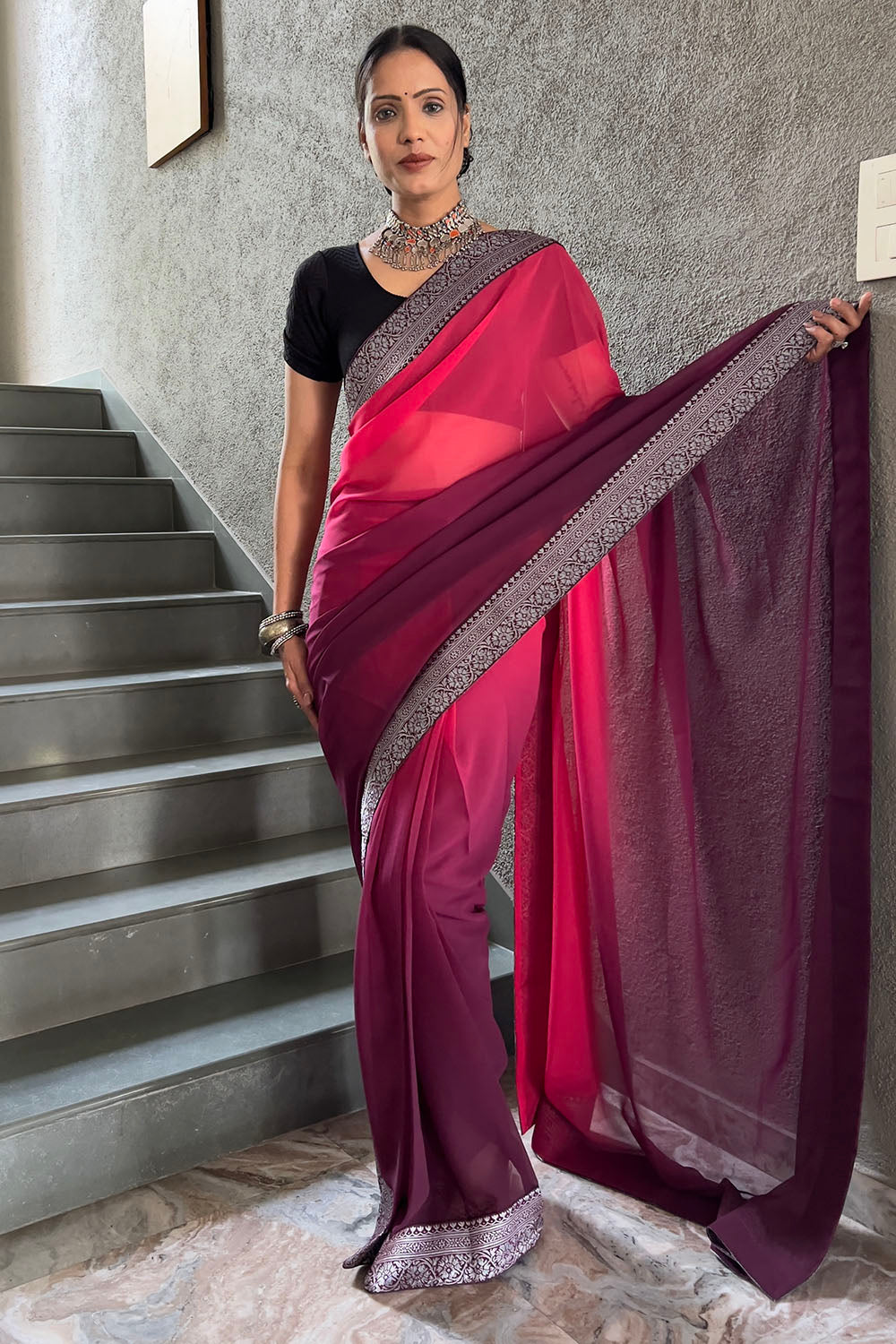 Wine Georgette Saree With Zari Weaving Border