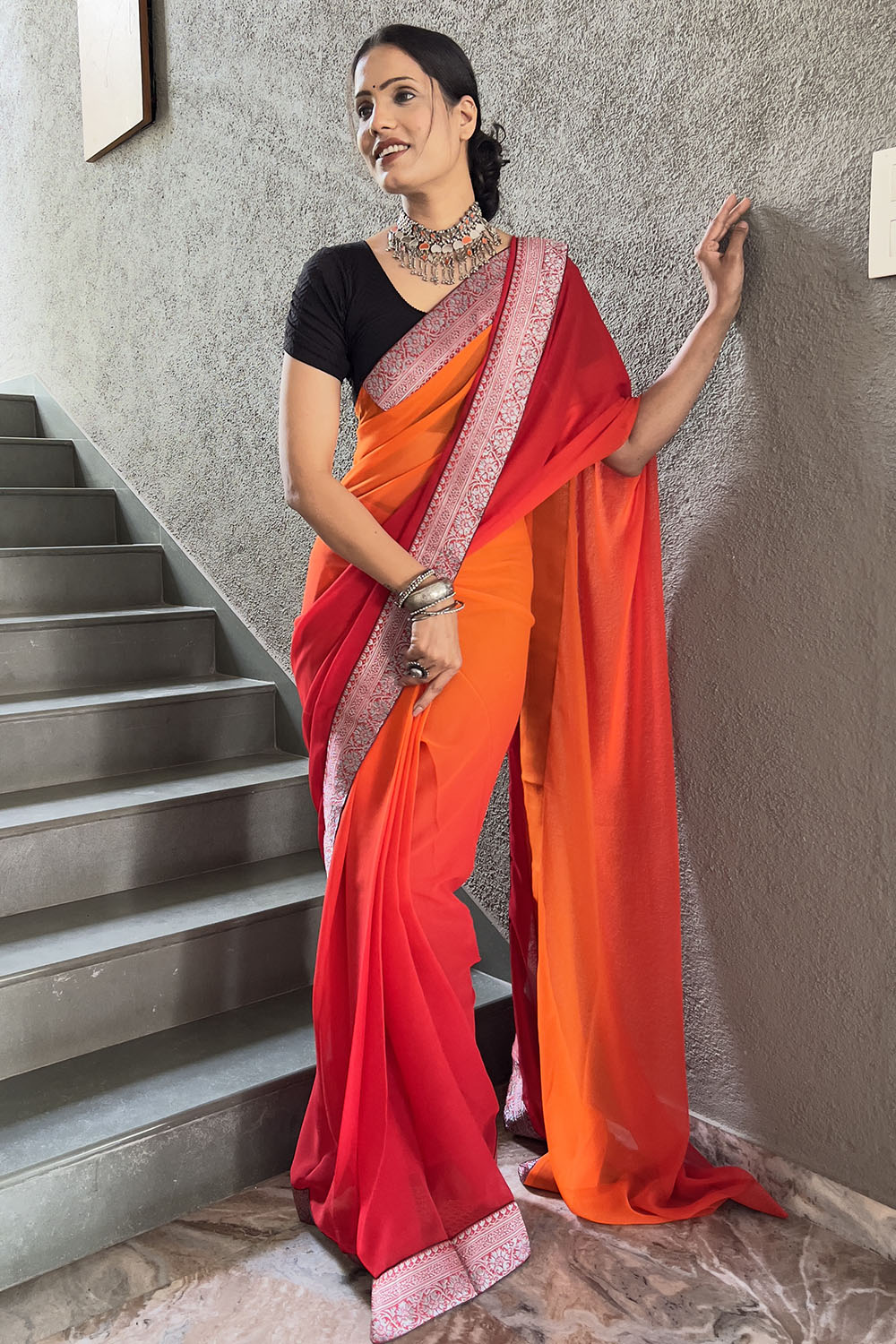 Red Georgette Saree With Zari Weaving Border