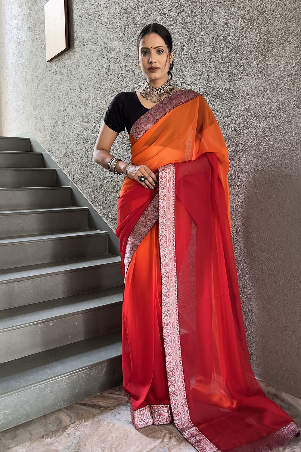 Red Georgette Saree With Zari Weaving Border