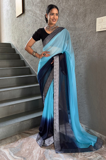 Sky Blue Georgette Saree With Zari Weaving Border