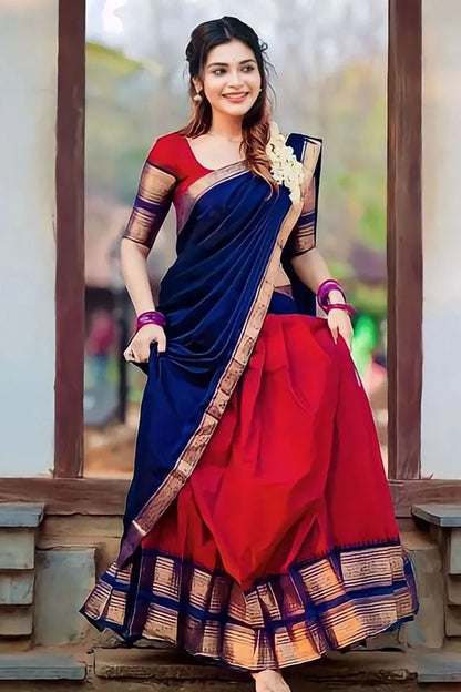 Red Narayanpeth Cotton Silk Jacquard Half Lehenga Saree