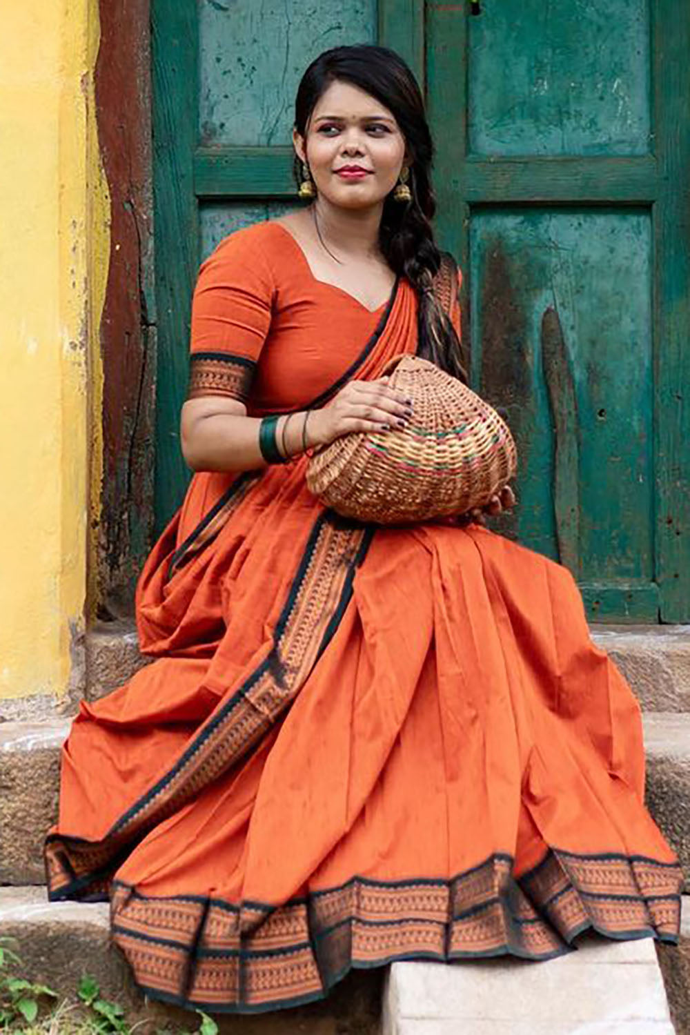 Orange Stylish Cotton Silk Jacquard Half Lehenga Saree