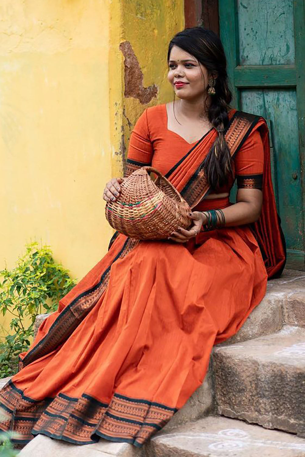 Orange Stylish Cotton Silk Jacquard Half Lehenga Saree