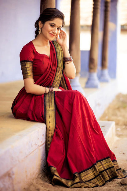 Red Stylish Cotton Silk Jacquard Half Lehenga Saree